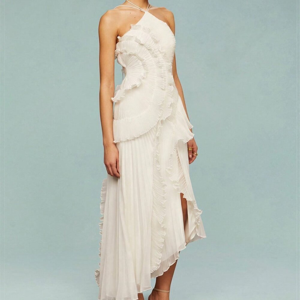 Beige Elegant Women's Ruffle Hem Sleeveless Halter Neck Long Maxi Dress - Picture 4 of 6